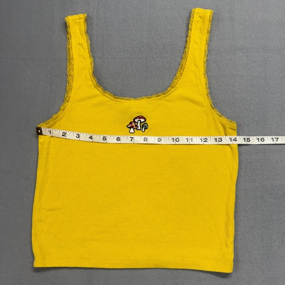 Forever 21‎ Y2K yellow Ribbed Tank Top Mushroom Embroidery Lace Trim S. Small - Picture 3 of 6